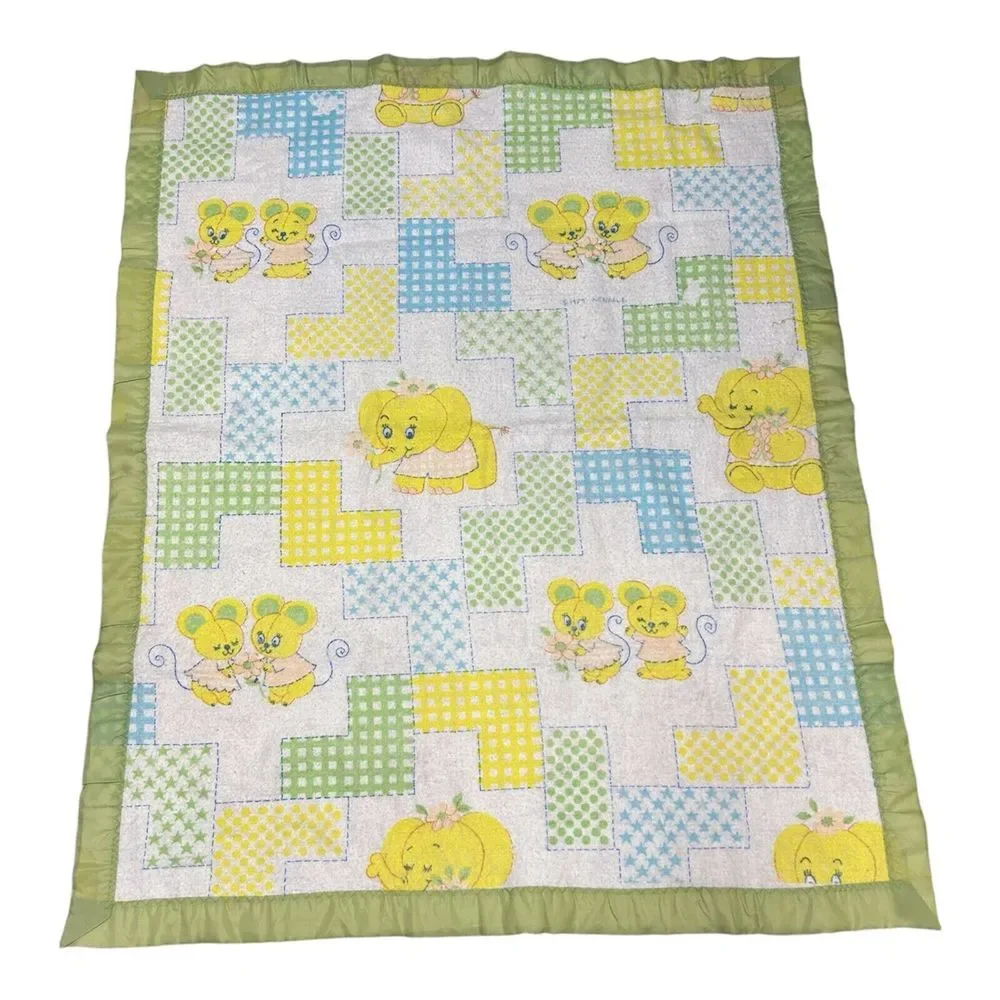 Vtg Curity Baby Fleece Blanket Patchwork Pals Animals USA Dated 1979 Green